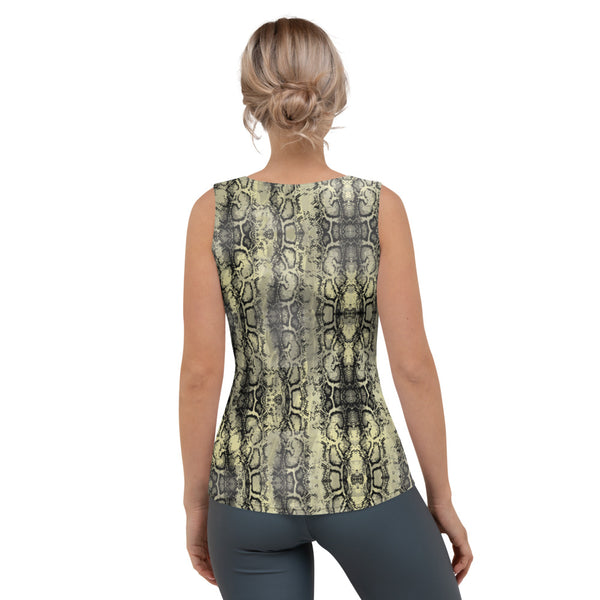 Green Snake Print Women's Tank Top, Python Reptile Skin Print Best Designer Women's Stretchy Comfortable Stylish Soft Tank Top Sports Fitted Moisture-Wicking Active Wear - Made in USA/EU/MX (US Size: XS-XL)