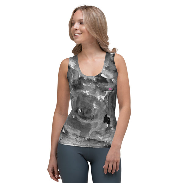 Grey Floral Abstract Women's Tank Top, Abstract Print Best Designer Women's Stretchy Comfortable Stylish Soft Tank Top Sports Fitted Moisture-Wicking Active Wear - Made in USA/EU/MX (US Size: XS-XL)