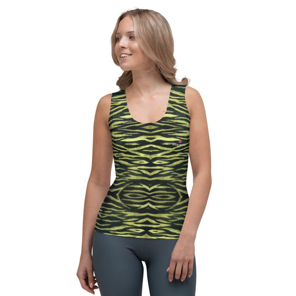Yellow Tiger Striped Tank Top, Animal Print Best Designer Women's Stretchy Comfortable Stylish Soft Tank Top Sports Fitted Moisture-Wicking Active Wear - Made in USA/EU/MX (US Size: XS-XL)