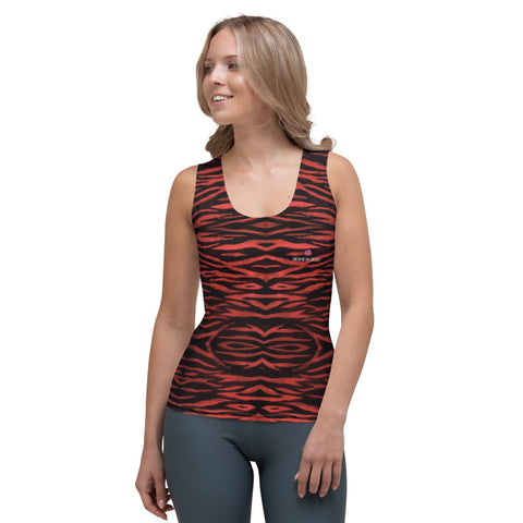 Red Tiger Striped Tank Top, Animal Print Best Designer Women's Stretchy Comfortable Stylish Soft Tank Top Sports Fitted Moisture-Wicking Active Wear - Made in USA/EU/MX (US Size: XS-XL)
