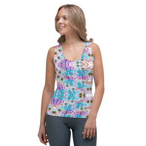 Purple Floral Print Tank Top, Colorful Flower Print Best Designer Women's Stretchy Comfortable Stylish Soft Tank Top Sports Fitted Moisture-Wicking Active Wear - Made in USA/EU/MX (US Size: XS-XL)
