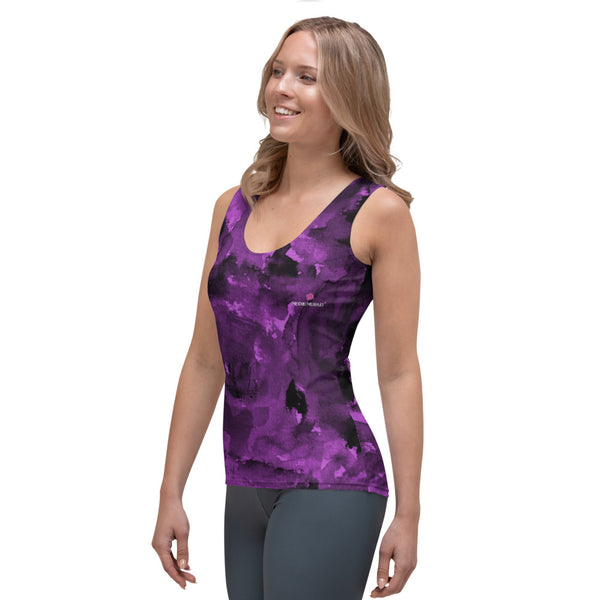 Purple Floral Abstract Women's Tank Top, Purple Abstract Print Best Designer Women's Stretchy Comfortable Stylish Soft Tank Top Sports Fitted Moisture-Wicking Active Wear - Made in USA/EU/MX (US Size: XS-XL)
