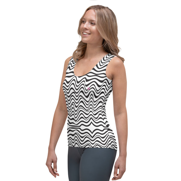 White Wavy Women's Tank Top, Waves Pattern Print Best Designer Women's Stretchy Comfortable Stylish Soft Tank Top Sports Fitted Moisture-Wicking Active Wear - Made in USA/EU/MX (US Size: XS-XL)