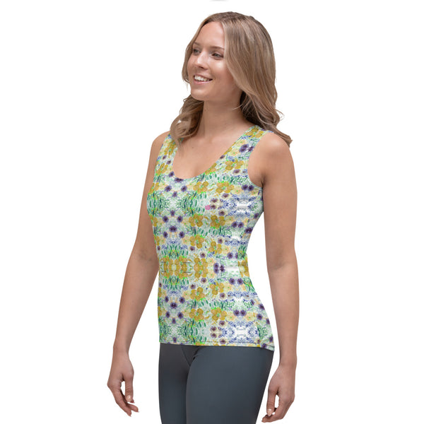 Yellow Floral Print Tank Top, Colorful Flower Print Best Designer Women's Stretchy Comfortable Stylish Soft Tank Top Sports Fitted Moisture-Wicking Active Wear - Made in USA/EU/MX (US Size: XS-XL)