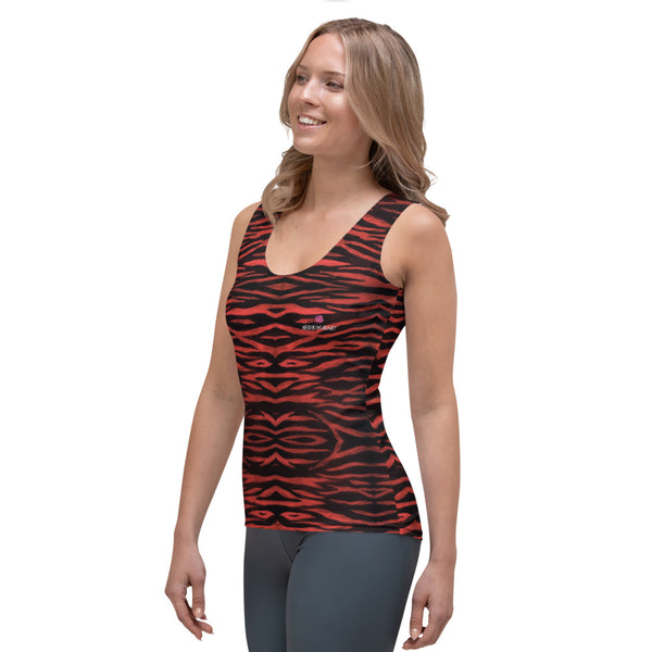 Red Tiger Striped Tank Top, Animal Print Best Designer Women's Stretchy Comfortable Stylish Soft Tank Top Sports Fitted Moisture-Wicking Active Wear - Made in USA/EU/MX (US Size: XS-XL)