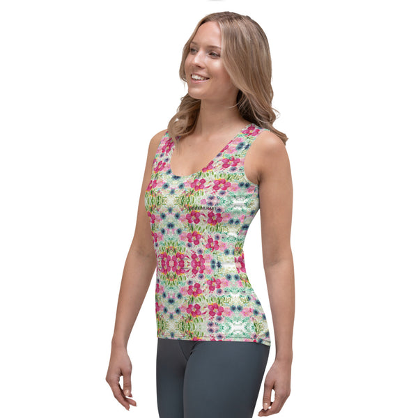 Pink Floral Print Tank Top, Colorful Mixed Flower Print Best Designer Women's Stretchy Comfortable Stylish Soft Tank Top Sports Fitted Moisture-Wicking Active Wear - Made in USA/EU/MX (US Size: XS-XL)