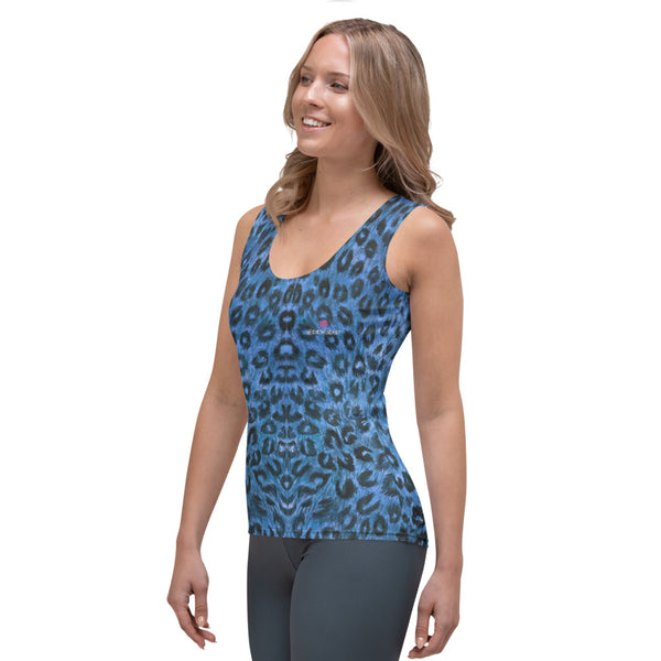 Blue Leopard Print Tank Top, Leopard Animal Print Best Designer Women's Stretchy Comfortable Stylish Soft Tank Top Sports Fitted Moisture-Wicking Active Wear - Made in USA/EU/MX (US Size: XS-XL)