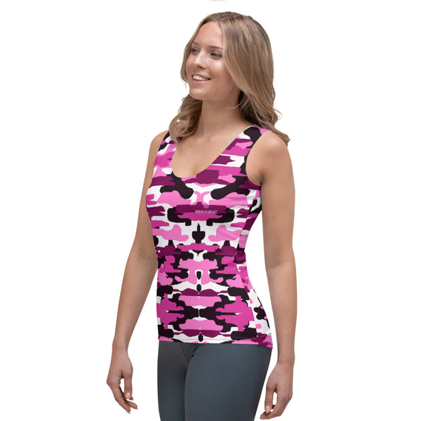 Pink Camouflage Women's Tank Top, Camo Army Military Print Best Designer Women's Stretchy Comfortable Stylish Soft Tank Top Sports Fitted Moisture-Wicking Active Wear - Made in USA/EU/MX (US Size: XS-XL)