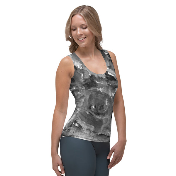 Grey Floral Abstract Women's Tank Top, Abstract Print Best Designer Women's Stretchy Comfortable Stylish Soft Tank Top Sports Fitted Moisture-Wicking Active Wear - Made in USA/EU/MX (US Size: XS-XL)