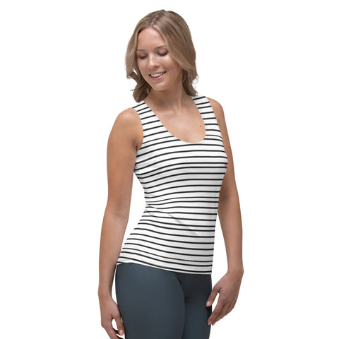 White Striped Women's Tank Top, Modern Classic Stripes Print Best Designer Women's Stretchy Comfortable Stylish Soft Tank Top Sports Fitted Moisture-Wicking Active Wear - Made in USA/EU/MX (US Size: XS-XL)