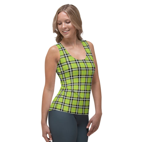 Green Plaid Print Tank Top, Preppy Plaid Tartan Print Best Designer Women's Stretchy Comfortable Stylish Soft Tank Top Sports Fitted Moisture-Wicking Active Wear - Made in USA/EU/MX (US Size: XS-XL)