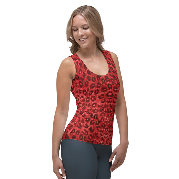 Red Leopard Print Tank Top, Leopard Animal Print Best Designer Women's Stretchy Comfortable Stylish Soft Tank Top Sports Fitted Moisture-Wicking Active Wear - Made in USA/EU/MX (US Size: XS-XL)