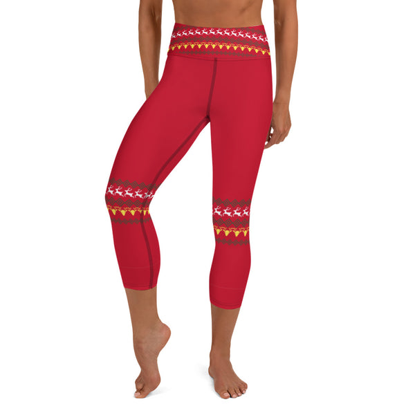 Red Christmas Yoga Capri Leggings, Christmas Themed Reindeer Print Comfy Capri Leggings Yoga Pants - Made in USA/EU/MX (US Size: XS-XL)