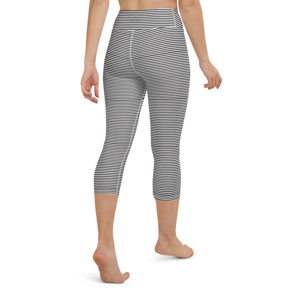 Black Striped Yoga Capri Leggings, Circus Black White Vertically Striped Print Capri Leggings Women's Yoga Pants w/ Pockets - Made in USA/EU/MX (US Size: XS-XL) Circus Leggings, Costume Leggings