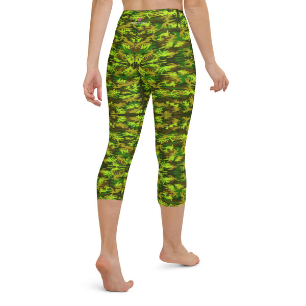 Green Camo Ladies' Tights, Women's Military Green Camouflage Print Yoga Capri Yoga Pants Leggings Tights- Made in USA/EU/MX (US Size: XS-XL)
