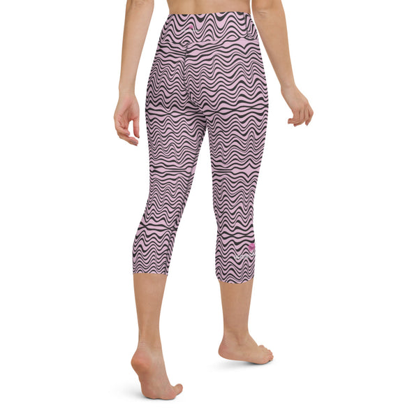 Pink Wavy Yoga Capri Leggings, Abstract Waves Designer Yoga Capri Leggings, Simple Essential Modern Comfy Moisture-Wicking, High-Waisted Capri Leggings Yoga Pants Mid-Calf Length Activewear- Made in USA/EU/MX (US Size: XS-XL)
