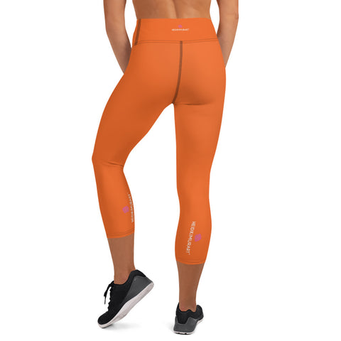 Hot Orange Yoga Capri Leggings, Solid Orange Color Designer Yoga Capri Leggings, Simple Essential Modern Comfy Moisture-Wicking, High-Waisted Capri Leggings Yoga Pants Mid-Calf Length Activewear- Made in USA/EU/MX (US Size: XS-XL)