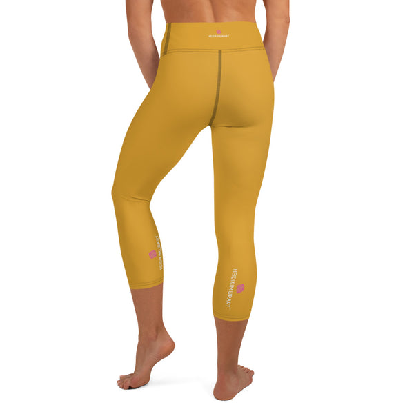 Dark Yellow Yoga Capri Leggings, Solid Bright Yellow Color Designer Yoga Capri Leggings, Simple Essential Modern Comfy Moisture-Wicking, High-Waisted Capri Leggings Yoga Pants Mid-Calf Length Activewear- Made in USA/EU/MX (US Size: XS-XL)