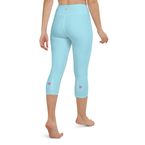 Baby Blue Yoga Capri Leggings, Solid Blue Color Designer Abstract Yoga Capri Leggings, Simple Essential Modern Comfy Moistsure-Wicking, High-Waisted Capri Leggings Yoga Pants Mid-Calf Length Activewear- Made in USA/EU/MX (US Size: XS-XL)