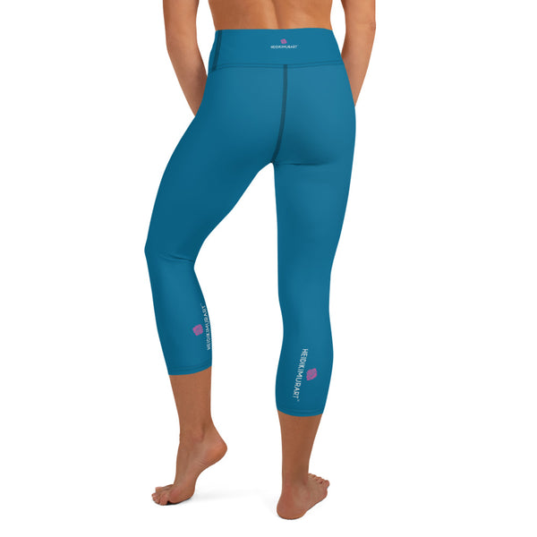 Blue Women's Yoga Capri Leggings, Solid Color Blue Color Designer Yoga Capri Leggings, Simple Essential Modern Comfy Moisture-Wicking, High-Waisted Capri Leggings Yoga Pants Mid-Calf Length Activewear- Made in USA/EU/MX (US Size: XS-XL)