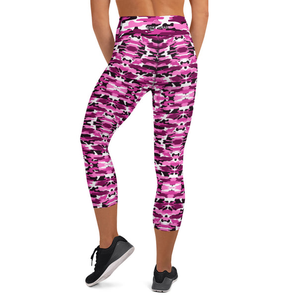 Pink Camo Yoga Capri Leggings, Camouflaged Women's Capris Tights For Women, Pink Camo Ladies' Tights, Women's Military Camouflage Print Yoga Capri Yoga Pants Leggings Tights- Made in USA/EU/MX (US Size: XS-XL)
