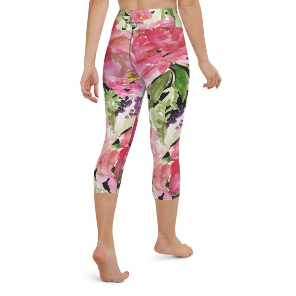 Pink Floral Yoga Capri Leggings, Best Designer Cute Women's Floral Print Capris Yoga Pants - Made in USA/EU