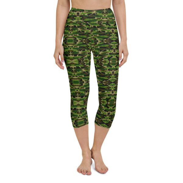 Green Camo Ladies' Tights, Women's Military Green Camouflage Print Yoga Capri Yoga Pants Leggings Tights- Made in USA/EU/MX (US Size: XS-XL)