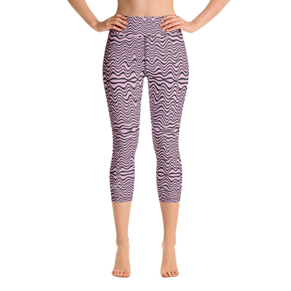 Pink Wavy Yoga Capri Leggings, Abstract Waves Designer Yoga Capri Leggings, Simple Essential Modern Comfy Moisture-Wicking, High-Waisted Capri Leggings Yoga Pants Mid-Calf Length Activewear- Made in USA/EU/MX (US Size: XS-XL)