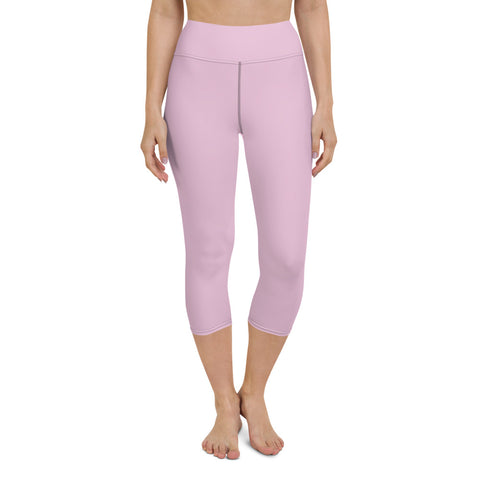 Solid Pink Yoga Capri Leggings, Solid Pale Pink Color Designer Yoga Capri Leggings, Simple Essential Modern Comfy Moisture-Wicking, High-Waisted Capri Leggings Yoga Pants Mid-Calf Length Activewear- Made in USA/EU/MX (US Size: XS-XL)
