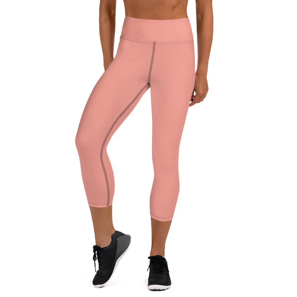 Light Pink Yoga Capri Leggings, Pastel Pink Color Designer Yoga Capri Leggings, Simple Essential Modern Comfy Moisture-Wicking, High-Waisted Capri Leggings Yoga Pants Mid-Calf Length Activewear- Made in USA/EU/MX (US Size: XS-XL)