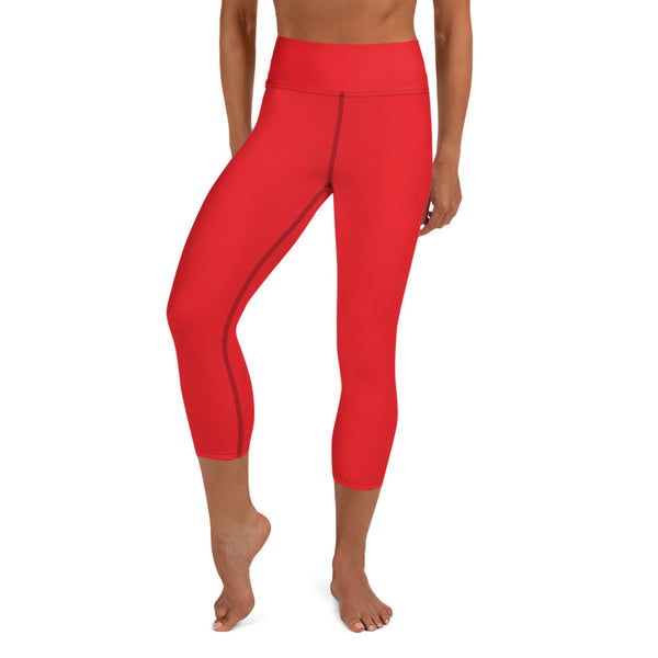 Bright Red Yoga Capri Leggings, Red Designer Yoga Capri Leggings, Simple Essential Modern Comfy Moisture-Wicking, High-Waisted Capri Leggings Yoga Pants Mid-Calf Length Activewear- Made in USA/EU/MX (US Size: XS-XL)