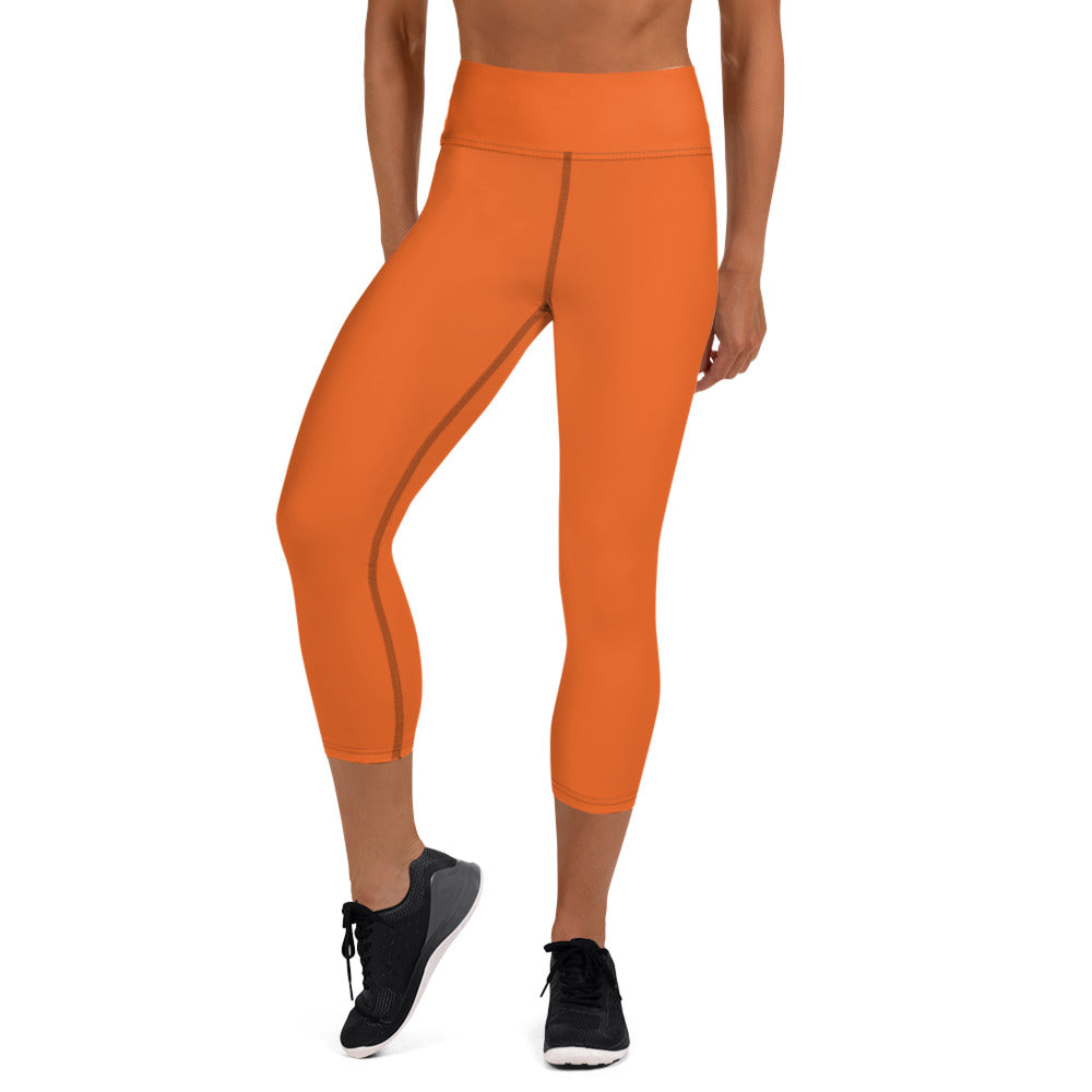 Hot Orange Yoga Capri Leggings, Solid Orange Color Designer Yoga Capri Leggings, Simple Essential Modern Comfy Moisture-Wicking, High-Waisted Capri Leggings Yoga Pants Mid-Calf Length Activewear- Made in USA/EU/MX (US Size: XS-XL)