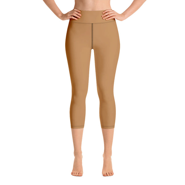 Beige Brown Yoga Capri Leggings, Solid Color Designer Abstract Yoga Capri Leggings, Simple Essential Modern Comfy Moisture-Wicking, High-Waisted Capri Leggings Yoga Pants Mid-Calf Length Activewear- Made in USA/EU/MX (US Size: XS-XL)