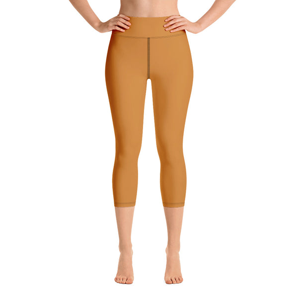 Brown Yoga Capri Leggings, Solid Brown Beige Color Designer Yoga Capri Leggings, Simple Essential Modern Comfy Moisture-Wicking, High-Waisted Capri Leggings Yoga Pants Mid-Calf Length Activewear- Made in USA/EU/MX (US Size: XS-XL)