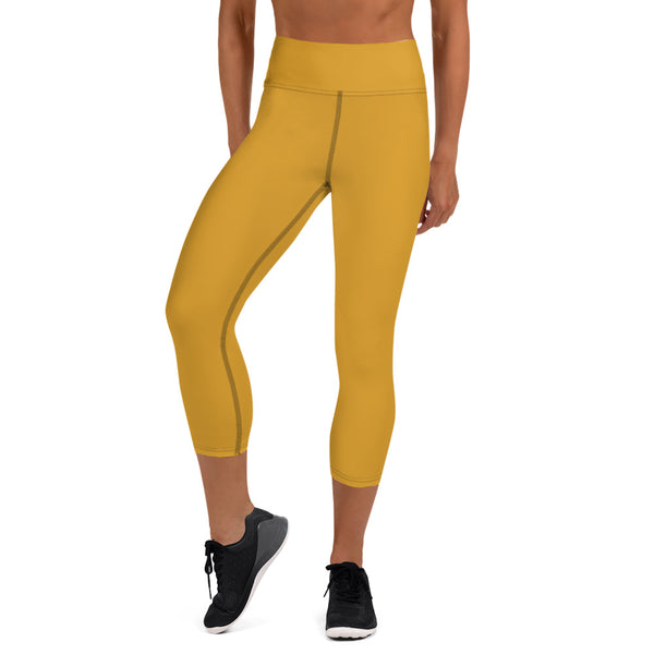 Dark Yellow Yoga Capri Leggings, Solid Bright Yellow Color Designer Yoga Capri Leggings, Simple Essential Modern Comfy Moisture-Wicking, High-Waisted Capri Leggings Yoga Pants Mid-Calf Length Activewear- Made in USA/EU/MX (US Size: XS-XL)