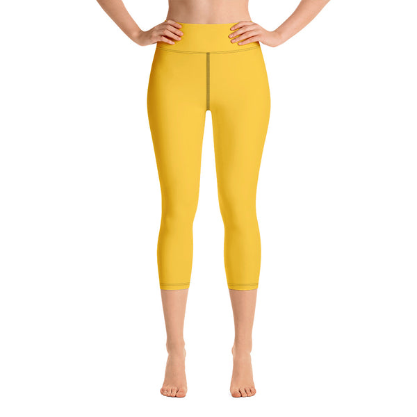 Bright Yellow Yoga Capri Leggings, Solid Color Yellow Designer Yoga Capri Leggings, Simple Essential Modern Comfy Moisture-Wicking, High-Waisted Capri Leggings Yoga Pants Mid-Calf Length Activewear- Made in USA/EU/MX (US Size: XS-XL)