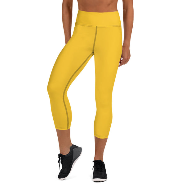 Bright Yellow Yoga Capri Leggings, Solid Color Yellow Designer Yoga Capri Leggings, Simple Essential Modern Comfy Moisture-Wicking, High-Waisted Capri Leggings Yoga Pants Mid-Calf Length Activewear- Made in USA/EU/MX (US Size: XS-XL)