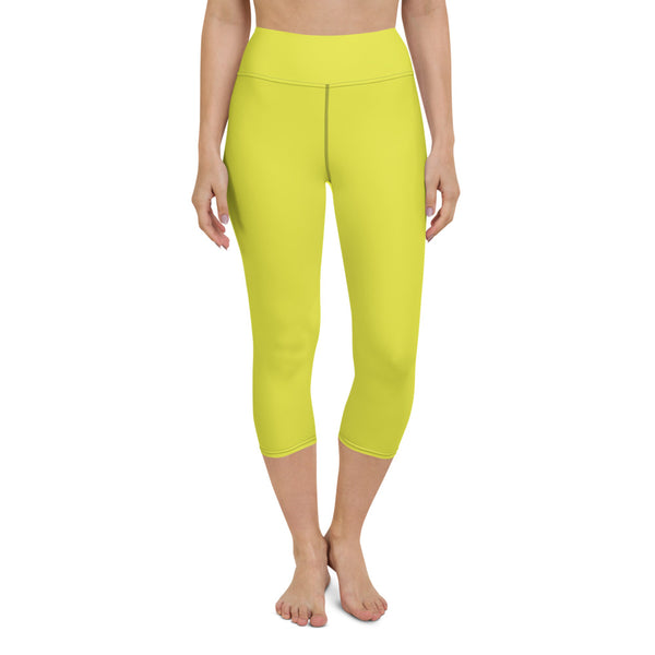 Yellow Solid Yoga Capri Leggings, Solid Yellow Color Designer Yoga Capri Leggings, Simple Essential Modern Comfy Moisture-Wicking, High-Waisted Capri Leggings Yoga Pants Mid-Calf Length Activewear- Made in USA/EU/MX (US Size: XS-XL)