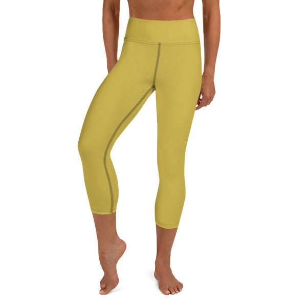 Dusty Yellow Yoga Capri Leggings, Solid Yellow Color Designer Yoga Capri Leggings, Simple Essential Modern Comfy Moisture-Wicking, High-Waisted Capri Leggings Yoga Pants Mid-Calf Length Activewear- Made in USA/EU/MX (US Size: XS-XL)