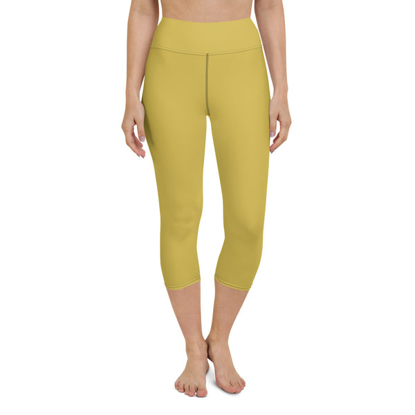 Dusty Yellow Yoga Capri Leggings, Solid Yellow Color Designer Yoga Capri Leggings, Simple Essential Modern Comfy Moisture-Wicking, High-Waisted Capri Leggings Yoga Pants Mid-Calf Length Activewear- Made in USA/EU/MX (US Size: XS-XL)