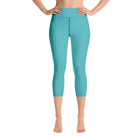 Turquoise Blue Yoga Capri Leggings, Solid Blue Color Designer Yoga Capri Leggings, Simple Essential Modern Comfy Moisture-Wicking, High-Waisted Capri Leggings Yoga Pants Mid-Calf Length Activewear- Made in USA/EU/MX (US Size: XS-XL)