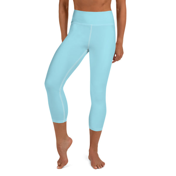 Baby Blue Yoga Capri Leggings, Solid Blue Color Designer Abstract Yoga Capri Leggings, Simple Essential Modern Comfy Moistsure-Wicking, High-Waisted Capri Leggings Yoga Pants Mid-Calf Length Activewear- Made in USA/EU/MX (US Size: XS-XL)