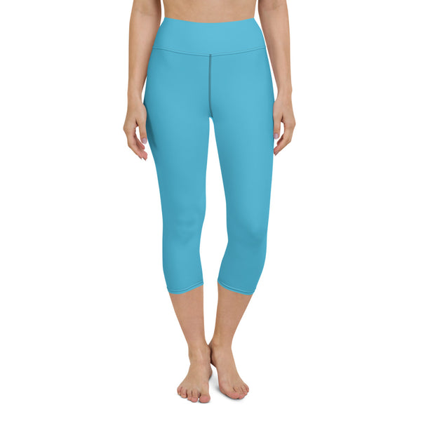 Blue Solid Yoga Capri Leggings, Blue Solid Color Designer Yoga Capri Leggings, Simple Essential Modern Comfy Moisture-Wicking, High-Waisted Capri Leggings Yoga Pants Mid-Calf Length Activewear- Made in USA/EU/MX (US Size: XS-XL)