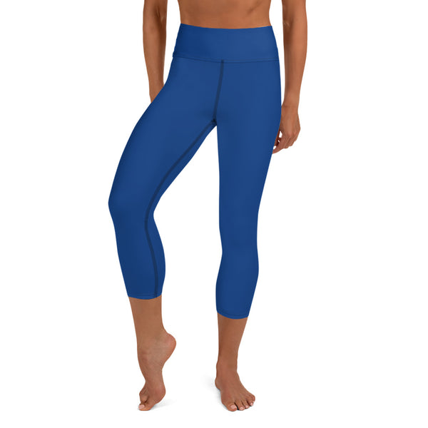Navy Blue Yoga Capri Leggings, Solid Blue Color Designer Yoga Capri Leggings, Simple Essential Modern Comfy Moisture-Wicking, High-Waisted Capri Leggings Yoga Pants Mid-Calf Length Activewear- Made in USA/EU/MX (US Size: XS-XL)