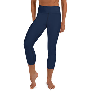 Dark Blue Yoga Capri Leggings, Solid Color Dark Blue Designer Yoga Capri Leggings, Simple Essential Modern Comfy Moisture-Wicking, High-Waisted Capri Leggings Yoga Pants Mid-Calf Length Activewear- Made in USA/EU/MX (US Size: XS-XL)