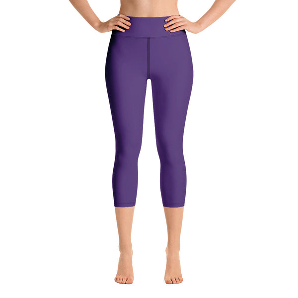 Purple Women's Yoga Capri Leggings, Solid Dark Purple Color Designer Yoga Capri Leggings, Simple Essential Modern Comfy Moisture-Wicking, High-Waisted Capri Leggings Yoga Pants Mid-Calf Length Activewear- Made in USA/EU/MX (US Size: XS-XL)