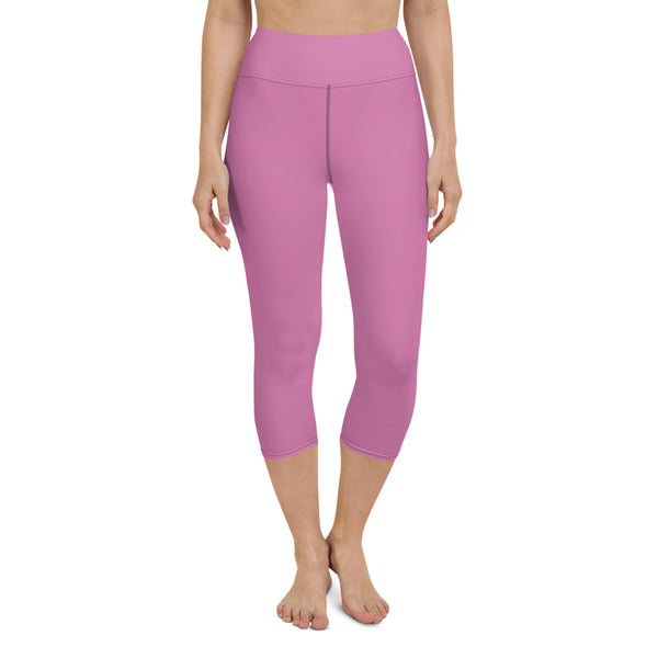 Pink Yoga Capri Leggings, Designer Sharp Pink Solid Color Designer Yoga Capri Leggings, Simple Essential Modern Comfy Moisture-Wicking, High-Waisted Capri Leggings Yoga Pants Mid-Calf Length Activewear- Made in USA/EU/MX (US Size: XS-XL)