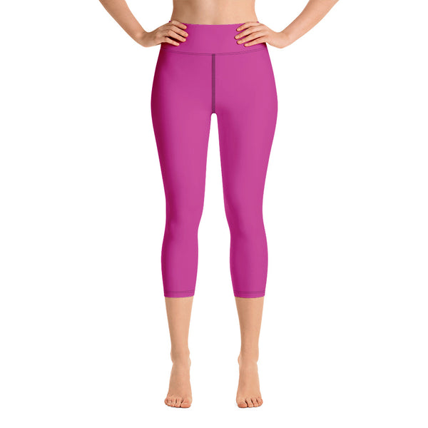 Bright Pink Yoga Capri Leggings, Solid Color Hot Pink Designer Yoga Capri Leggings, Simple Essential Modern Comfy Moisture-Wicking, High-Waisted Capri Leggings Yoga Pants Mid-Calf Length Activewear- Made in USA/EU/MX (US Size: XS-XL)