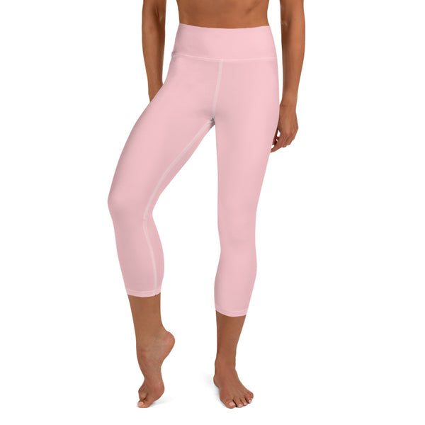 Light Pink Yoga Capri Leggings, Solid Pink Color Designer Yoga Capri Leggings, Simple Essential Modern Comfy Moisture-Wicking, High-Waisted Capri Leggings Yoga Pants Mid-Calf Length Activewear- Made in USA/EU/MX (US Size: XS-XL)