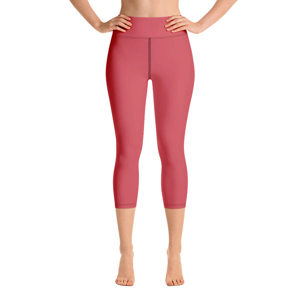 Red Yoga Capri Leggings, Solid Red Color Designer Yoga Capri Leggings, Simple Essential Modern Comfy Moisture-Wicking, High-Waisted Capri Leggings Yoga Pants Mid-Calf Length Activewear- Made in USA/EU/MX (US Size: XS-XL)